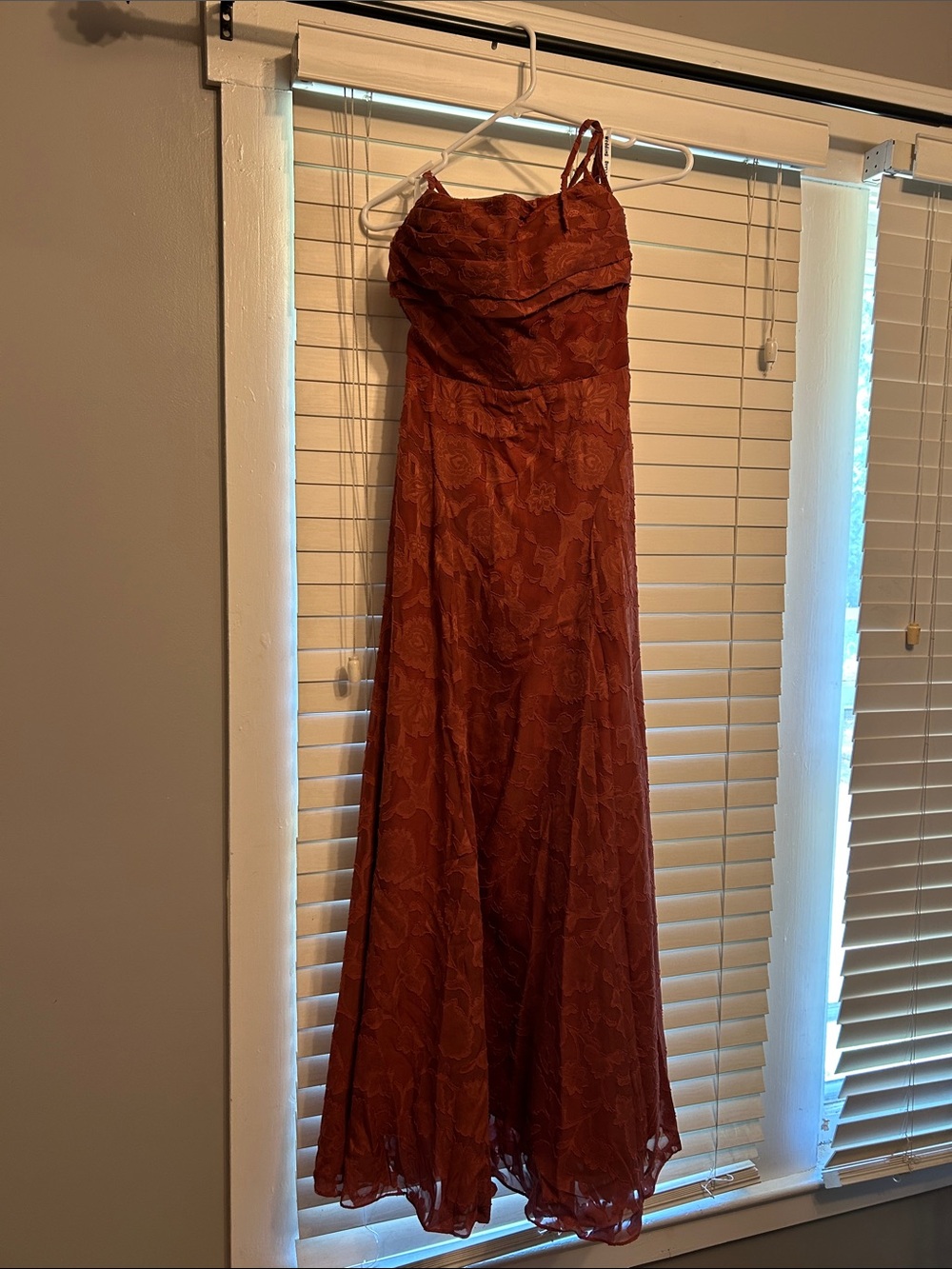 Rust Red Lace Spaghetti-Strap Evening Dress